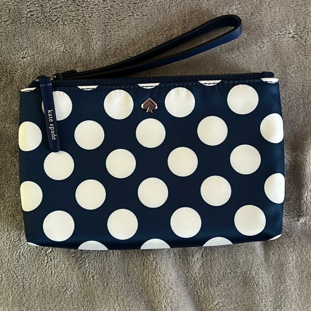 Kate Spade Medium Double Zip Wristlet Wallet Blue/Turquoise White Polka Dots